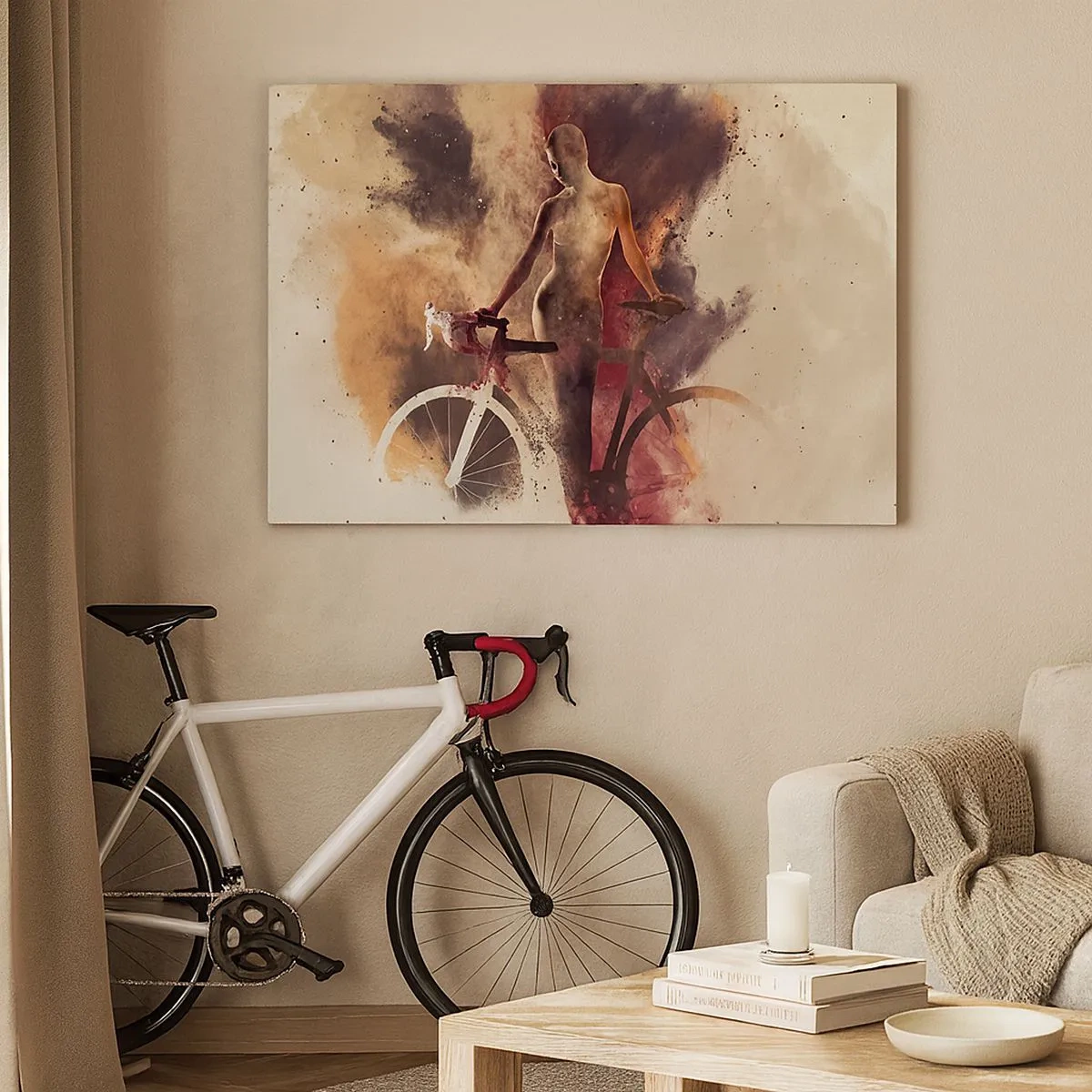 Schilderen op canvas - Abstract silhouet met een fiets in een artistieke stijl - 70x50cm - Een fietsziel in marmeren vormen - Moderne wanddecoratie voor woonkamer en slaapkamer ARTTOR
