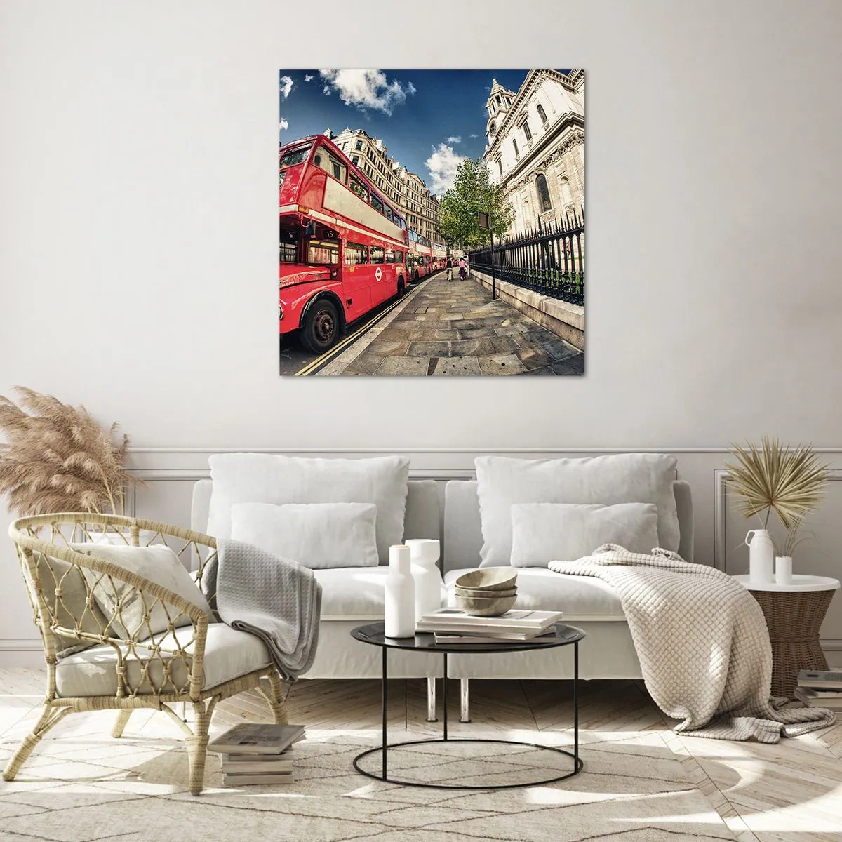 Schilderen op glas - Londense straat in grijs en rood - 40x40 cm