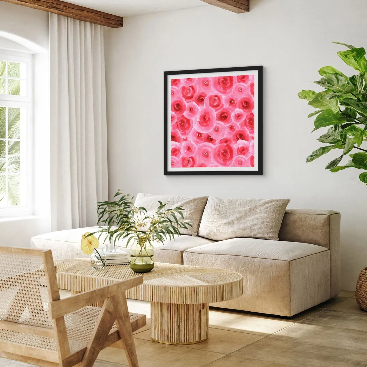 Poster in een zwarte lijst - Rozen onder en boven - 60x60 cm