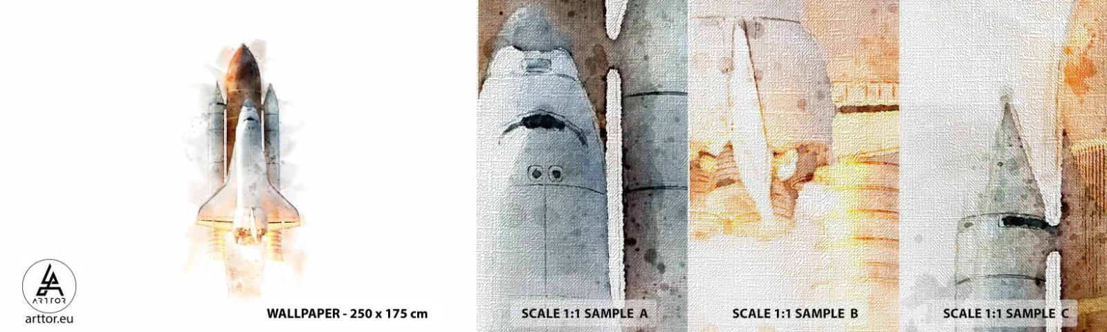 Fotobehang Monster Premium Canvas - Ontdekkingsreizigers, aan de slag - Een ruimteraket, Kosmos, Minimalisme - 100x30 cm