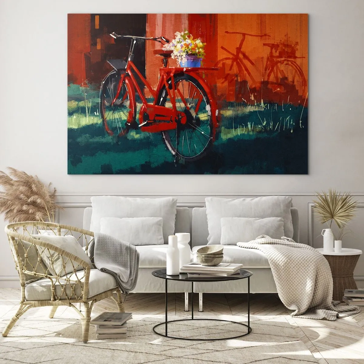 Schilderen op glas - Een rode fiets met bloemen voor een rood gebouw - 70x50cm - Ik wil met mijn fiets rijden - Moderne wanddecoratie voor woonkamer en slaapkamer ARTTOR