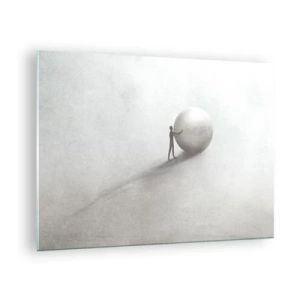 Schilderen op glas - Een minimalistisch silhouet van een man met een grote bal op een lichte achtergrond. - 70x50cm - Het spel van het leven - Moderne wanddecoratie voor woonkamer en slaapkamer ARTTOR