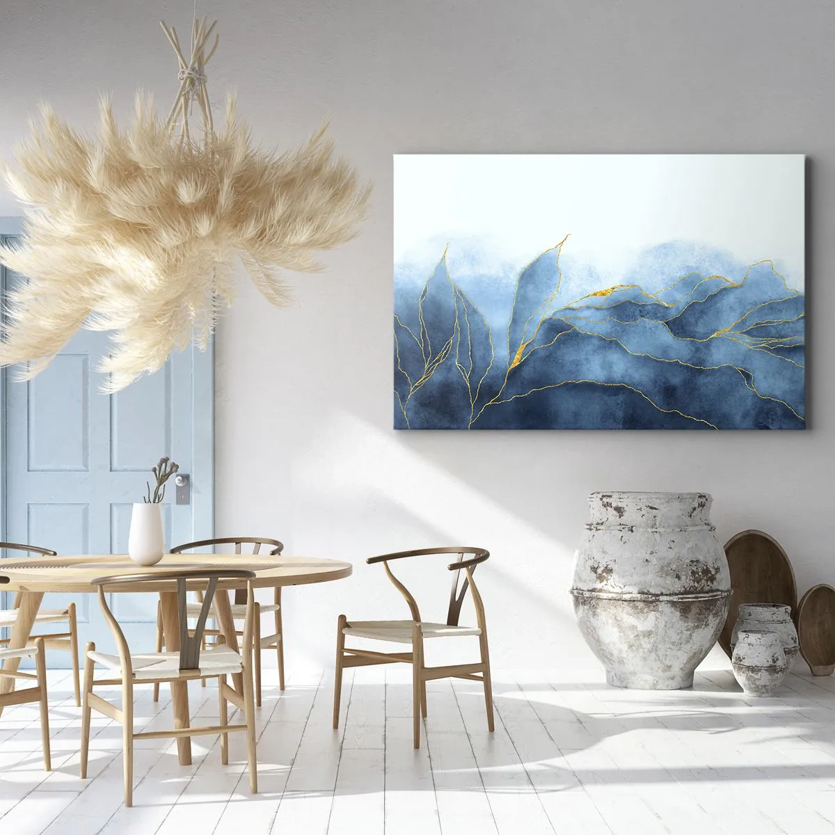 Schilderen op canvas - Abstracte golven in tinten blauw met gouden accenten - 70x50cm - Blauw in goud - Moderne wanddecoratie voor woonkamer en slaapkamer ARTTOR