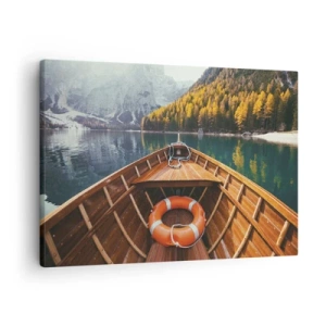 Schilderen op canvas - Een houten boot op een bergmeer omgeven door bos - 70x50cm - Bergtocht - Moderne wanddecoratie voor woonkamer en slaapkamer ARTTOR