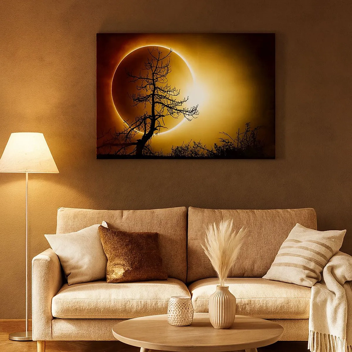 Schilderen op canvas - Zonsverduistering met een boomsilhouet op de voorgrond - 70x50cm - Totale zonsverduistering - Moderne wanddecoratie voor woonkamer en slaapkamer ARTTOR