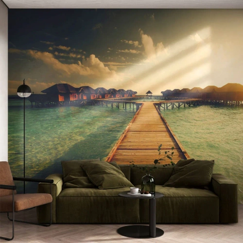 Fotobehang Premium Sand - Een warme uitnodiging - Maldiven, Landschap, Huizen aan het water - 450x315 cm