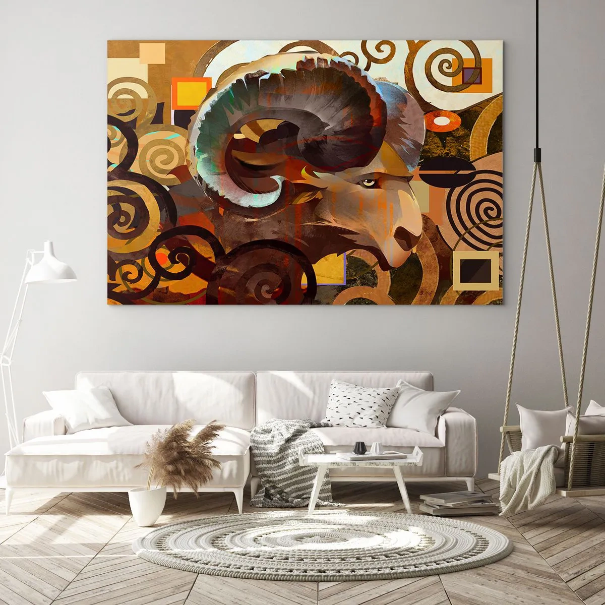 Schilderen op glas - Een artistiek beeld van een ram in een geometrische en spiraalvormige compositie. - 70x50cm - Magie - religies - rituelen - Moderne wanddecoratie voor woonkamer en slaapkamer ARTTOR