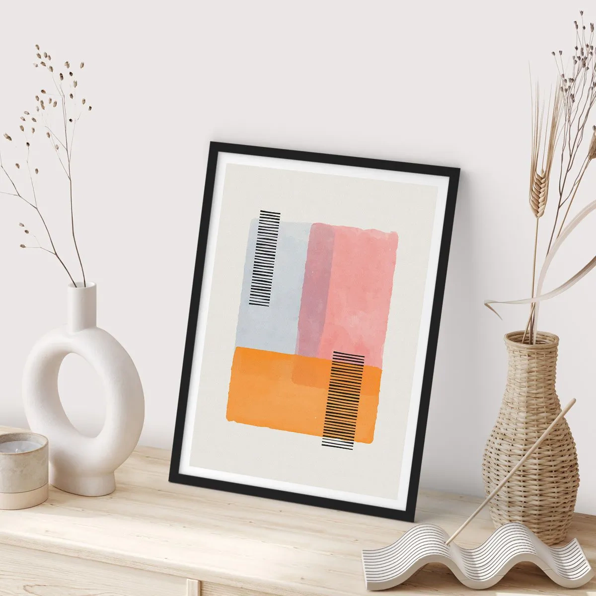 Poster in een zwarte lijst - Geometrische vormen in pastelkleuren met lijnaccenten - 50x70cm - Van hoek tot hoek - Moderne wanddecoratie voor woonkamer en slaapkamer ARTTOR
