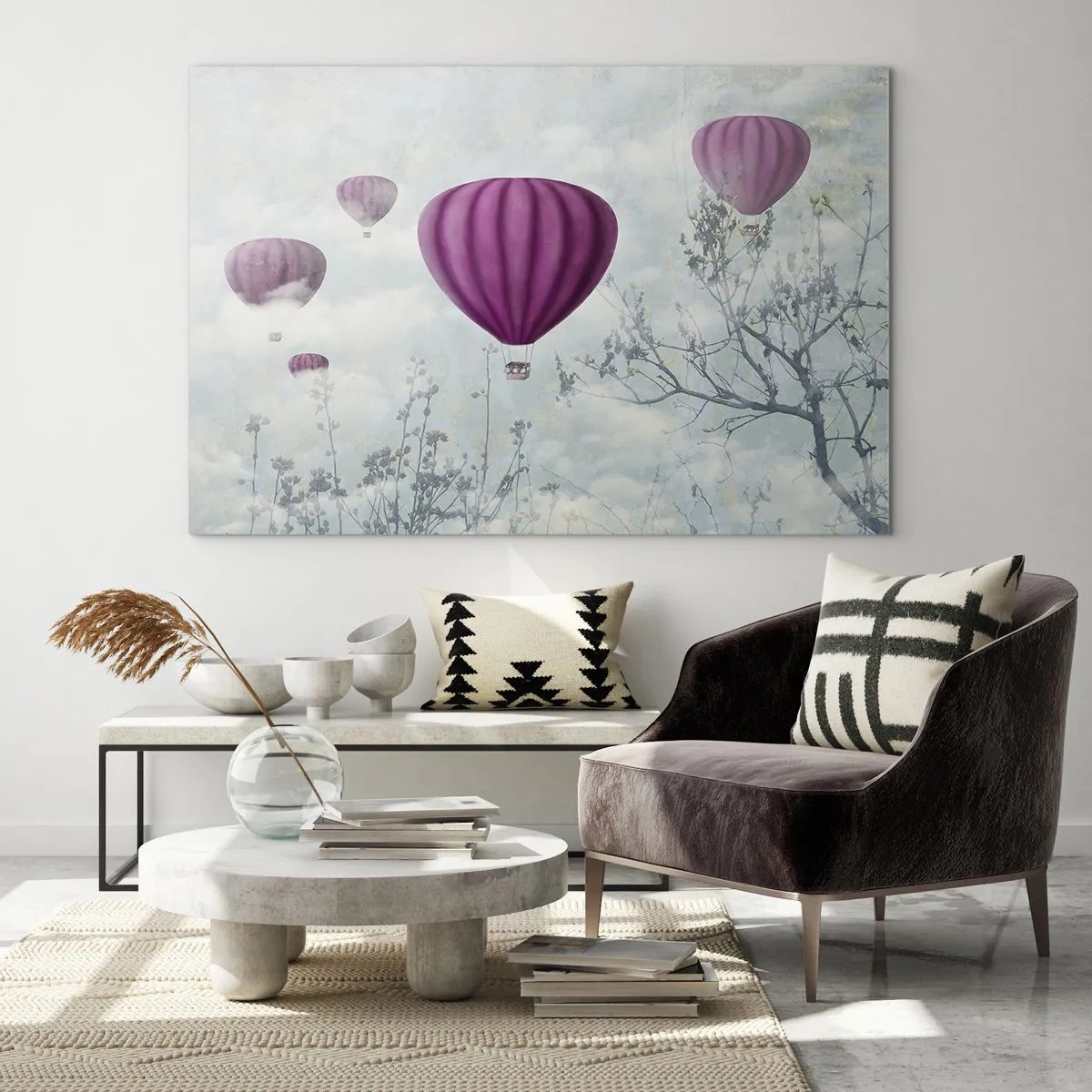 Schilderen op glas - Paarse ballonnen zweven tussen de wolken en boomtakken - 70x50cm - Als schepen in de lucht - Moderne wanddecoratie voor woonkamer en slaapkamer ARTTOR