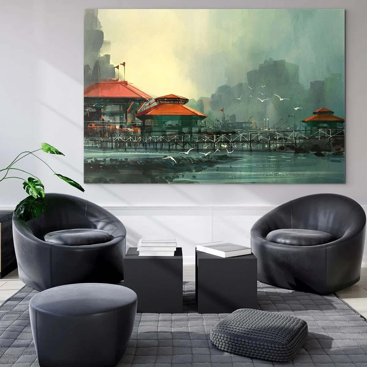 Schilderen op glas - Havengebouwen met rode daken tegen de mist - 70x50cm - Een zonnige dag in de haven - Moderne wanddecoratie voor woonkamer en slaapkamer ARTTOR