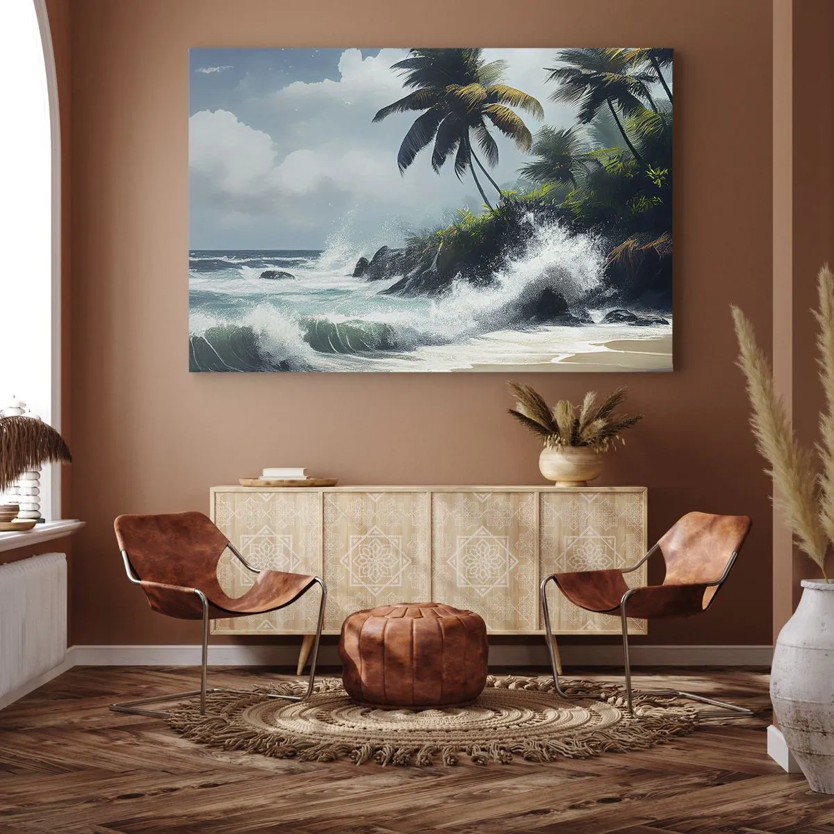 Schilderen op canvas - Tropische kust met palmbomen en een ruwe zee - 70x50cm - Op een tropische kust - Moderne wanddecoratie voor woonkamer en slaapkamer ARTTOR