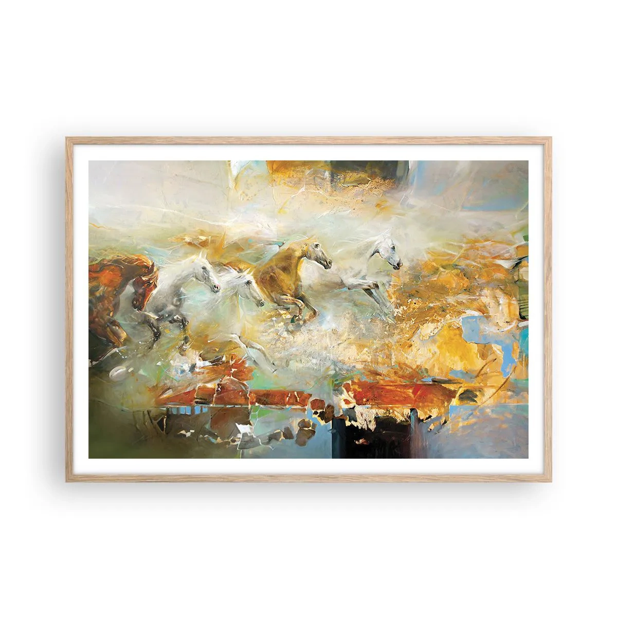 Een poster in een licht eiken lijst - Galopperen door het licht - 100x70 cm