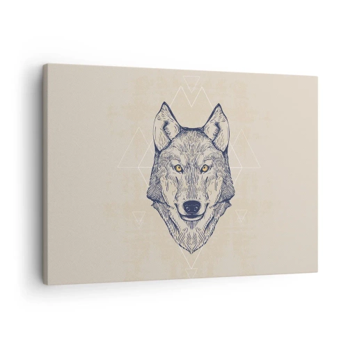 Schilderen op canvas - Een geometrische wolf op een lichte achtergrond met minimalistische patronen. - 70x50cm - Een alfa met een indringende blik - Moderne wanddecoratie voor woonkamer en slaapkamer ARTTOR