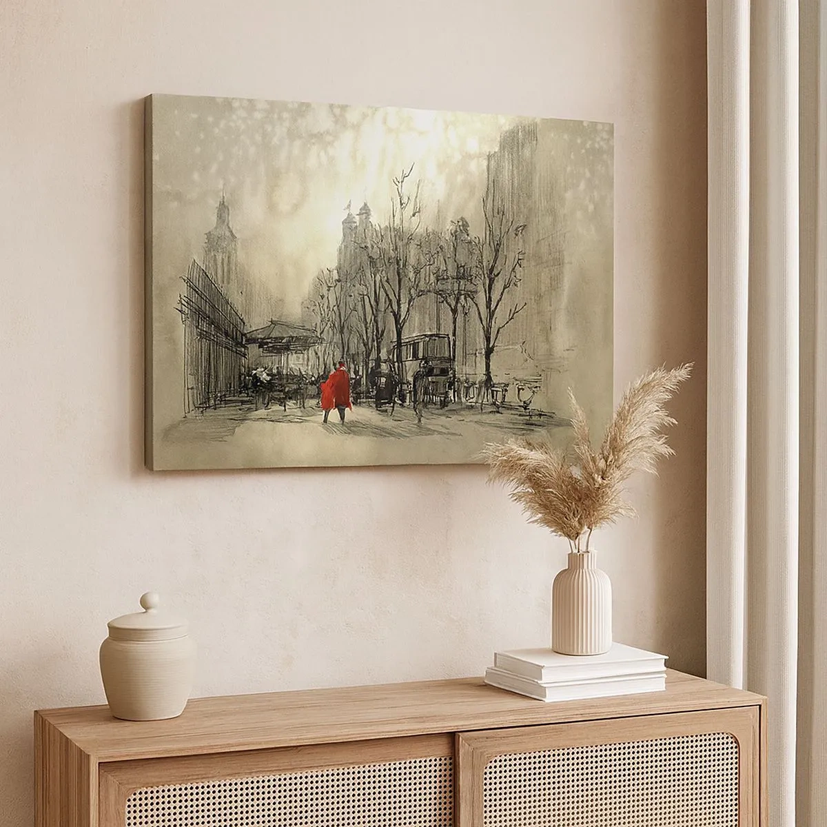 Schilderen op canvas - Een rode figuur in een nostalgische stedelijke omgeving - 70x50cm - Een date in de Londense mist - Moderne wanddecoratie voor woonkamer en slaapkamer ARTTOR