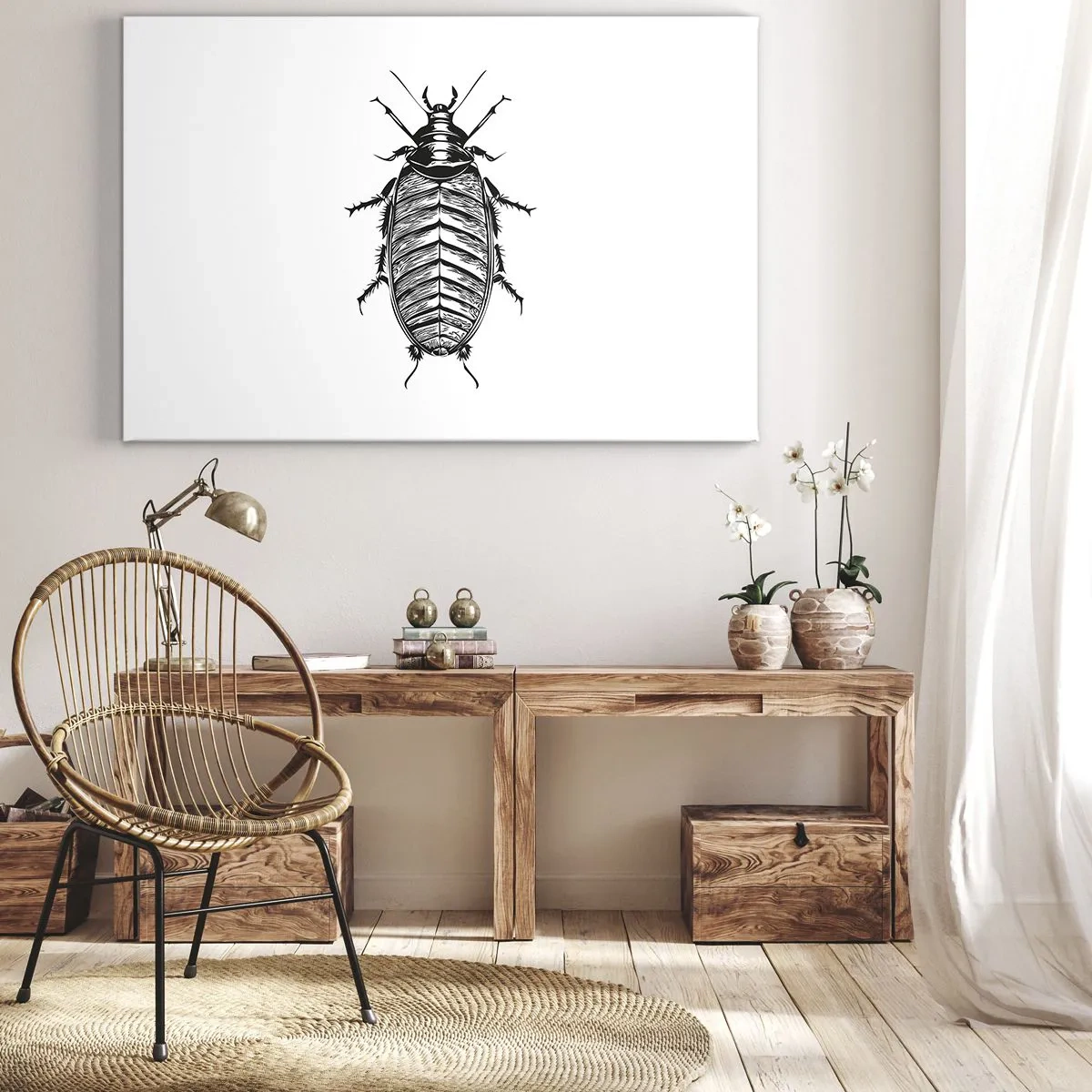 Schilderen op canvas - Afbeelding van een zwart-wit insect op een witte achtergrond - 70x50cm - Wat een exemplaar! - Moderne wanddecoratie voor woonkamer en slaapkamer ARTTOR