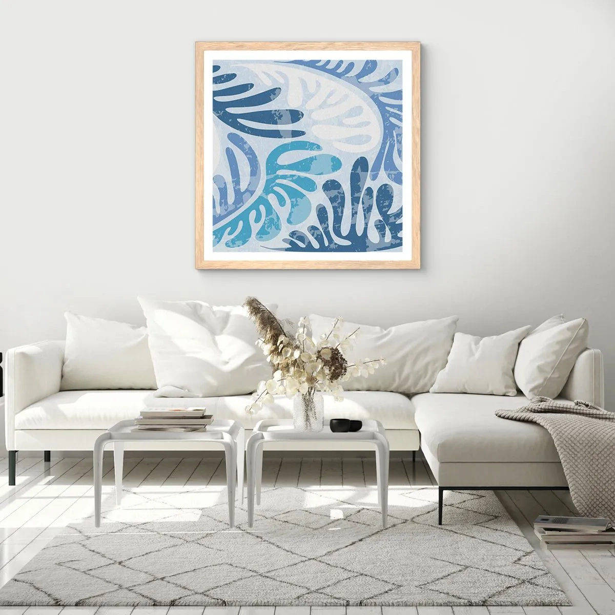 Een poster in een licht eiken lijst - Blauwe varens - 30x30 cm