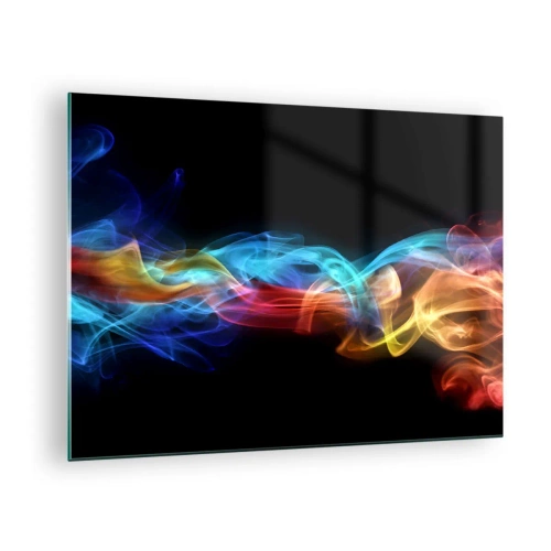 Schilderen op glas - Kleurrijke rookstrepen op een zwarte achtergrond creëren een abstract patroon - 70x50cm - Regenboogdans van nevels - Moderne wanddecoratie voor woonkamer en slaapkamer ARTTOR