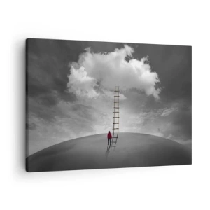 Schilderen op canvas - Een persoon in een rode jas en een ladder die naar een wolk leidt - 70x50cm - Alles is mogelijk - Moderne wanddecoratie voor woonkamer en slaapkamer ARTTOR