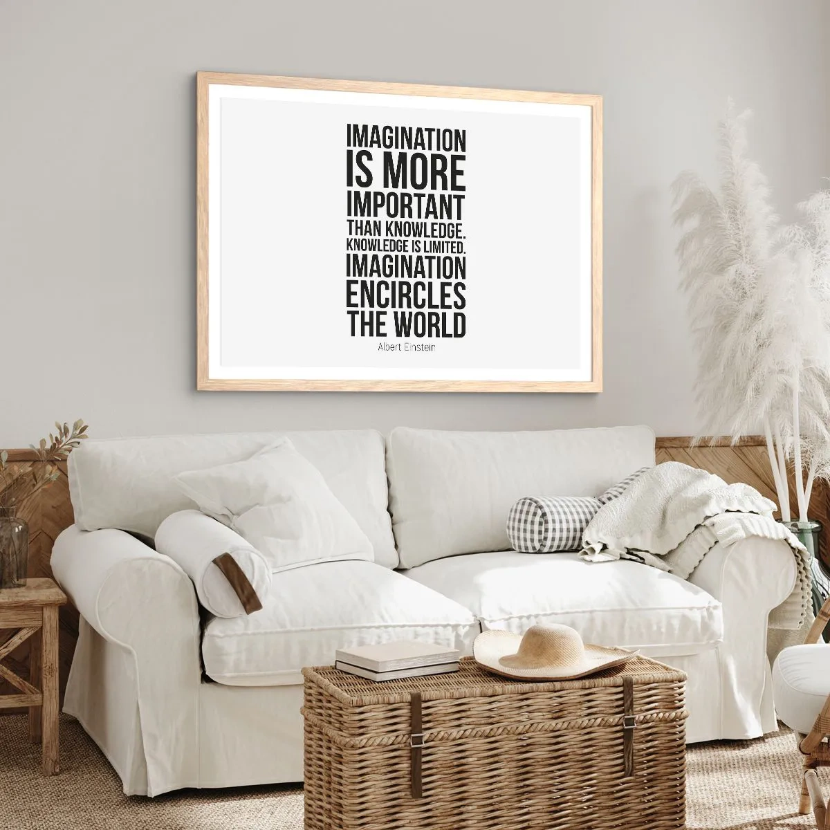 Een poster in een licht eiken lijst - Einstein over de kracht van verbeelding - 100x70 cm