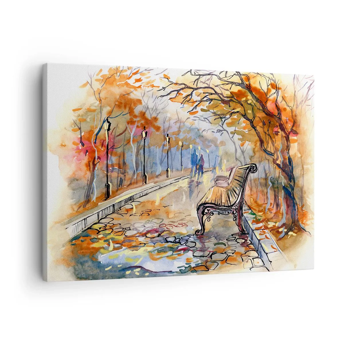 Schilderen op canvas - Een herfstpark met een bankje in waterverf - 70x50cm - Samen wandelen in de herfst - Moderne wanddecoratie voor woonkamer en slaapkamer ARTTOR