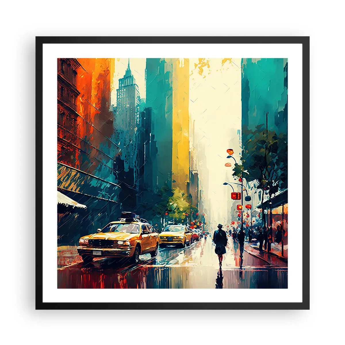Poster in een zwarte lijst - New York – zelfs de regen is hier kleurrijk - 60x60 cm