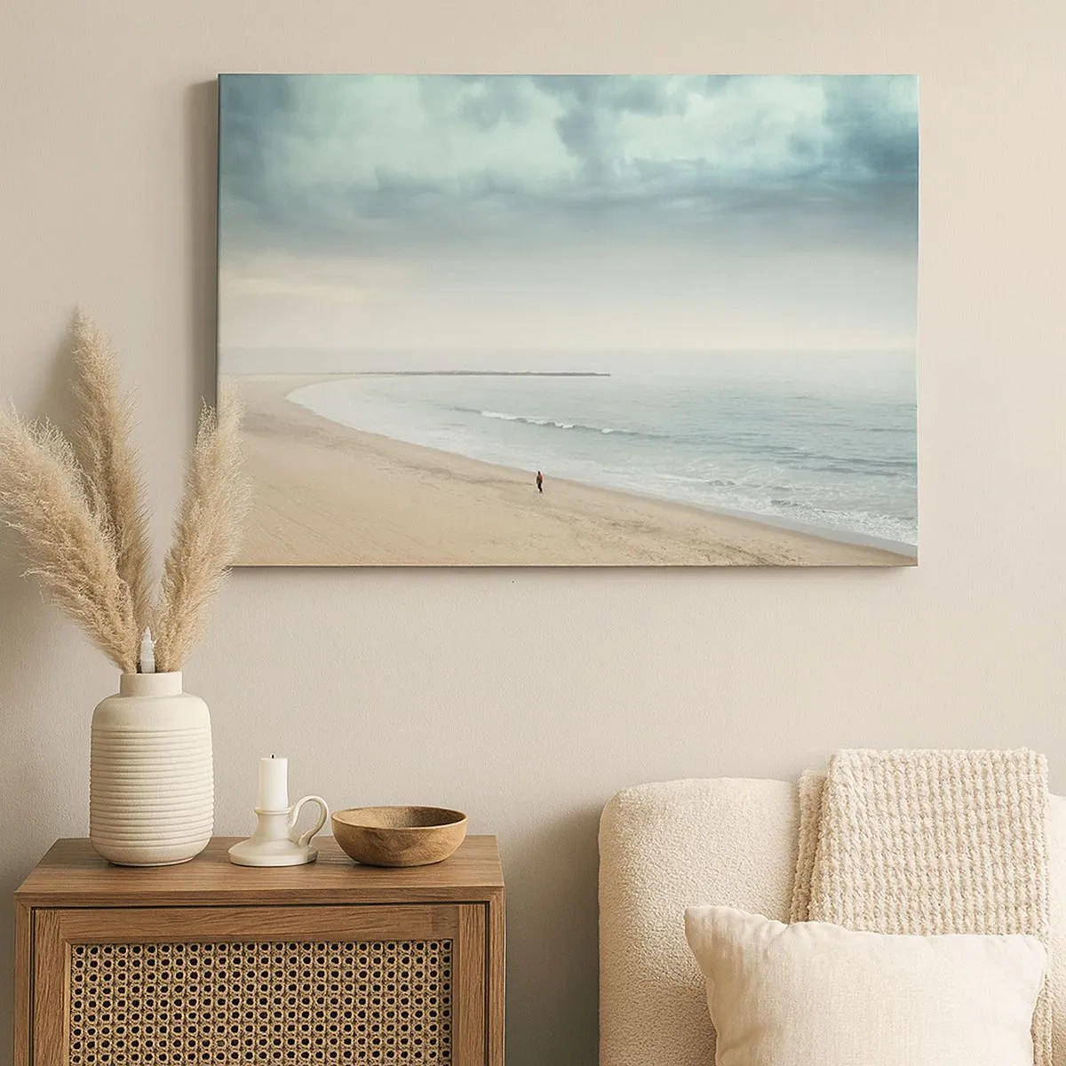 Schilderen op canvas - Een eenzame figuur op een verlaten strand aan een kalme zee - 70x50cm - op zoek naar vrede - Moderne wanddecoratie voor woonkamer en slaapkamer ARTTOR