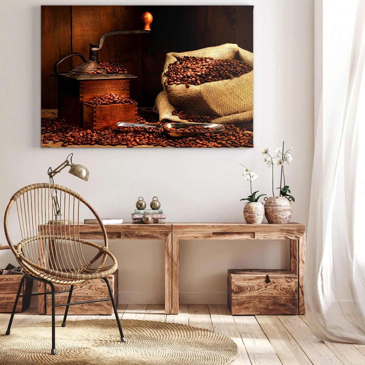 Schilderen op canvas - Een oude koffiemolen met bonen en een tas in rustieke stijl. - 70x50cm - Stilleven met koffiebonen en een molen - Moderne wanddecoratie voor woonkamer en slaapkamer ARTTOR