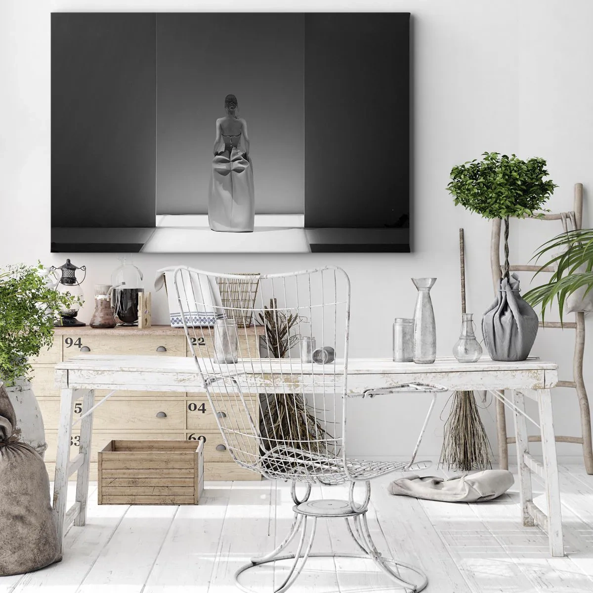 Schilderen op canvas - Een zwart-wit schilderij met een minimalistische scène van een vrouw in een geometrische ruimte. - 70x50cm - Verfijnde eenvoud - Moderne wanddecoratie voor woonkamer en slaapkamer ARTTOR