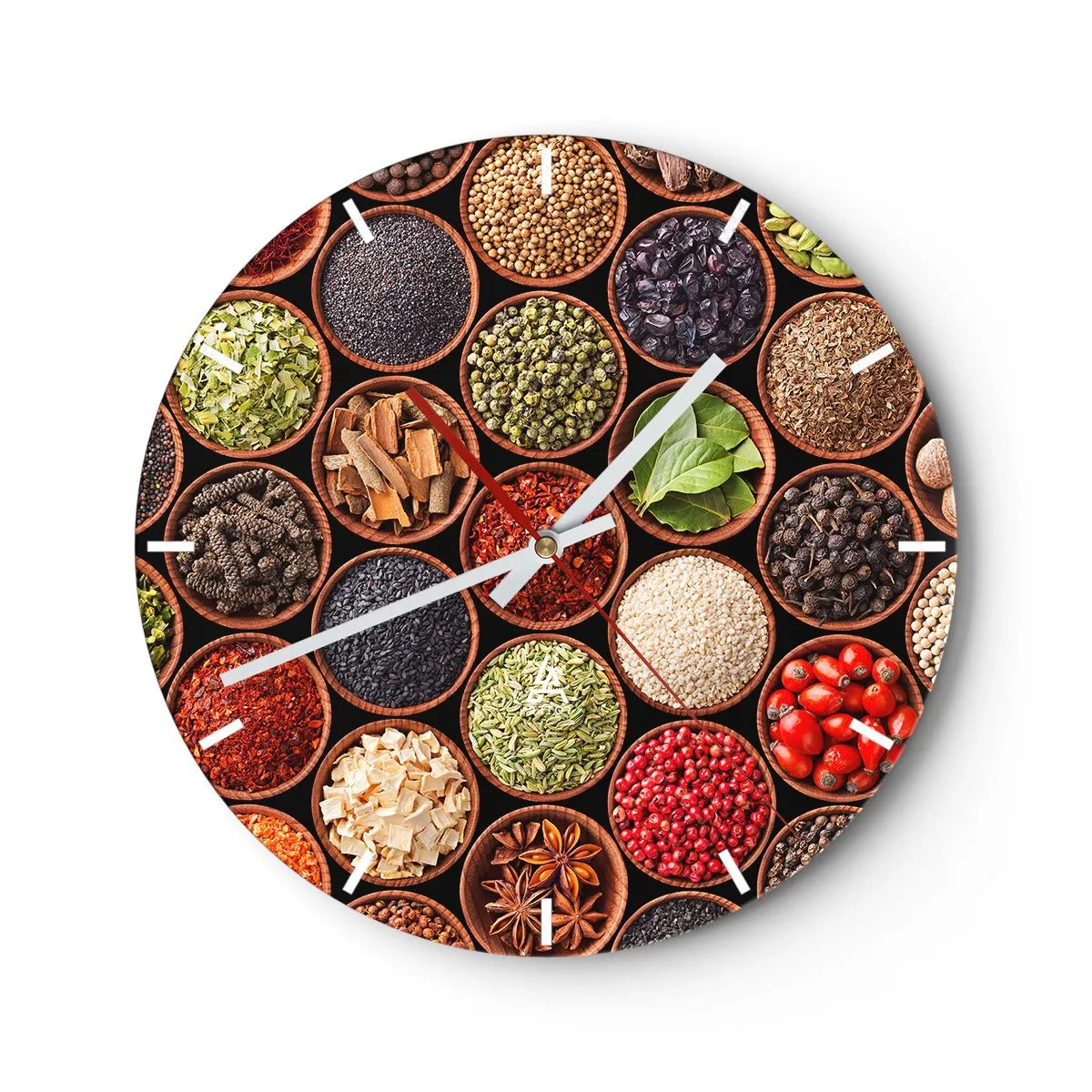 Wandklok - Klok - Een wijzerplaat met een kleurrijk motief van kruiden en specerijen in houten kommen. - 30x30cm - Alle smaken van de wereld - Moderne wanddecoratie voor woonkamer, keuken en slaapkamer ARTTOR