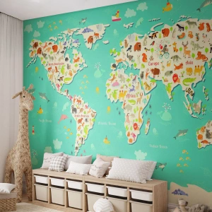Fotobehang Standard Eco - We houden van de hele wereld - Wereldkaart, Dieren, Voor kinderen - 450x315 cm