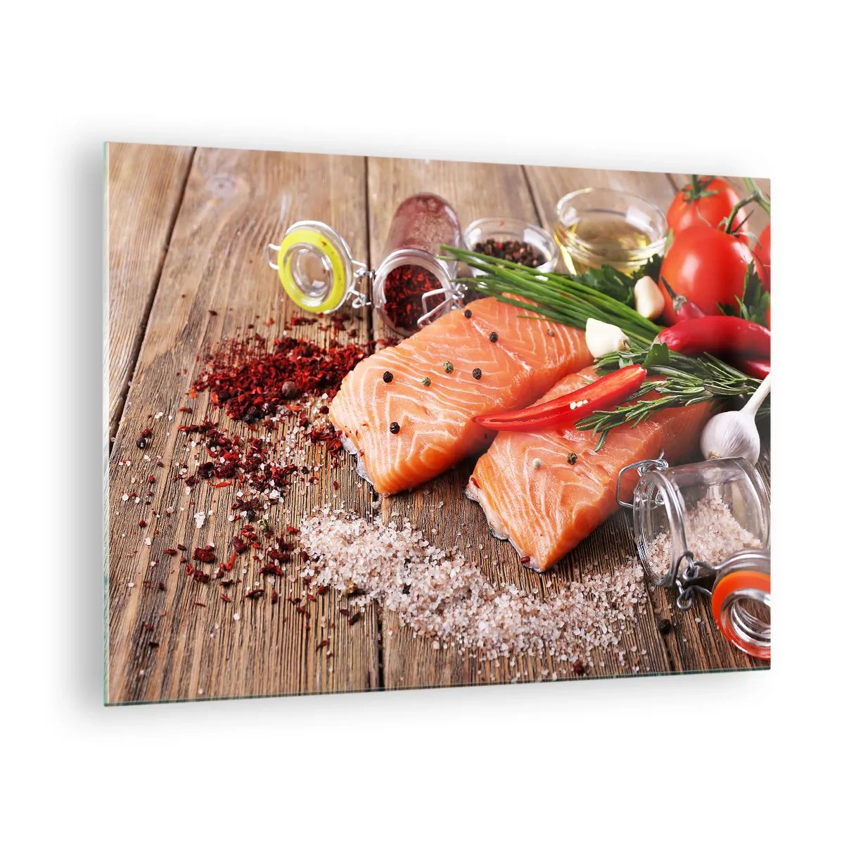 Schilderen op glas - Zalmfilets met kruiden op een houten aanrecht - 70x50cm - Noors avontuur in de keuken - Moderne wanddecoratie voor woonkamer en slaapkamer ARTTOR