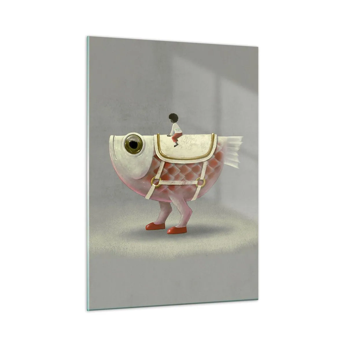 Schilderen op glas - Ruiter op een surrealistische vis - 50x70 cm