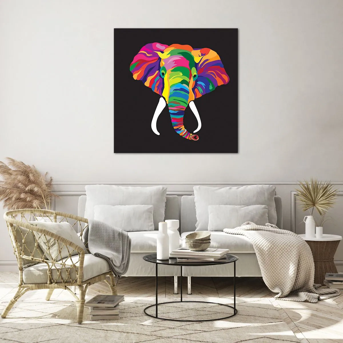 Schilderen op glas - De olifant die ervan hield om in de regenboog te baden - 60x60 cm