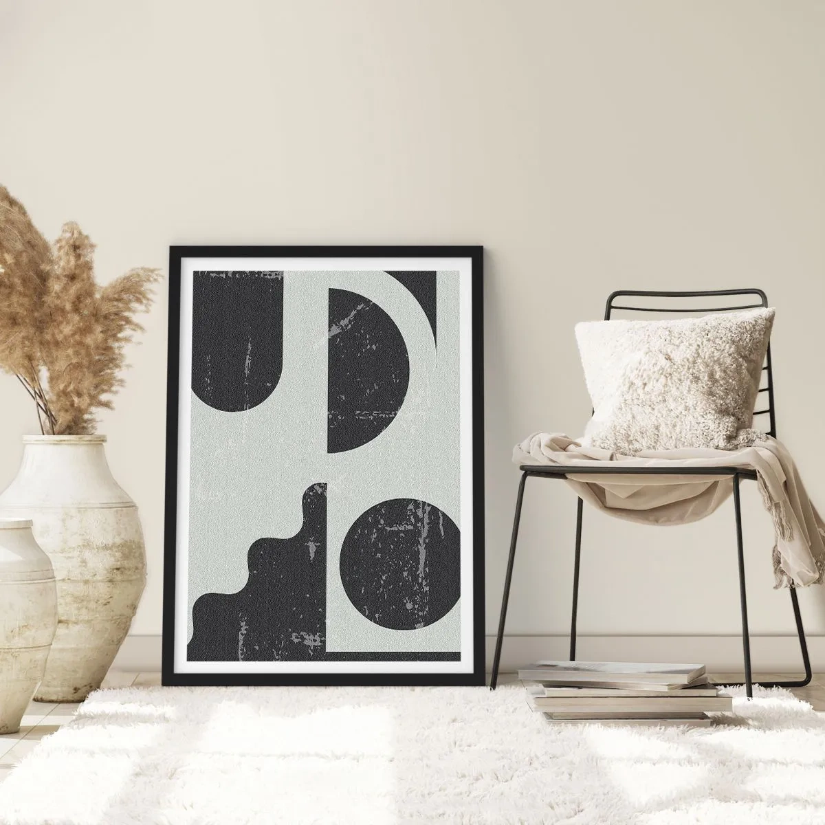 Poster in een zwarte lijst - Abstracte geometrische compositie in zwart en grijs - 50x70cm - Compositie boven en onder - Moderne wanddecoratie voor woonkamer en slaapkamer ARTTOR