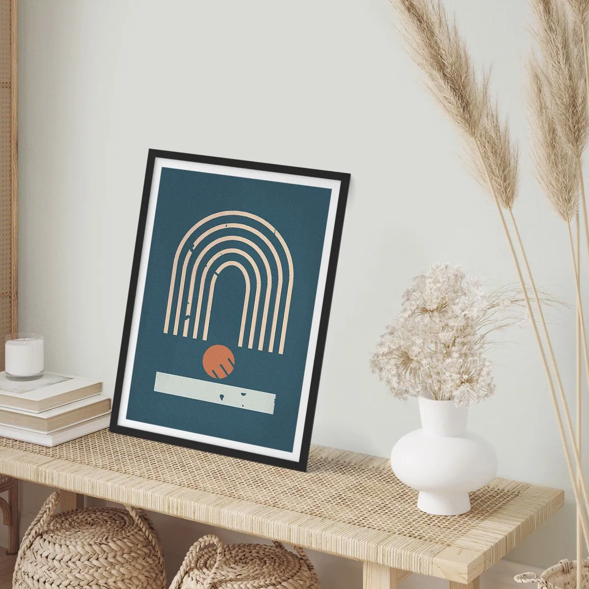 Poster in een zwarte lijst - Geometrische bogen en een bol op een donkere achtergrond - 50x70cm - Geometrie op de granaatappel - Moderne wanddecoratie voor woonkamer en slaapkamer ARTTOR