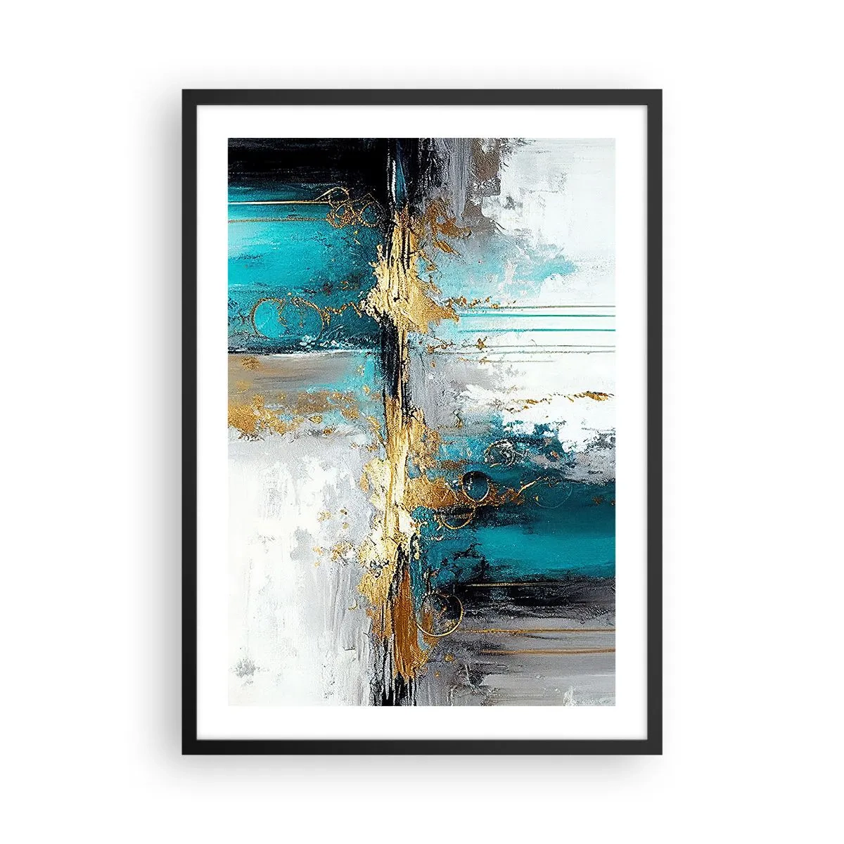 Poster in een zwarte lijst - Een abstracte compositie in tinten turquoise en goud. - 50x70cm - Alles vloeit - Moderne wanddecoratie voor woonkamer en slaapkamer ARTTOR