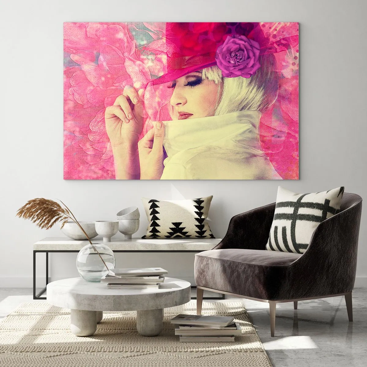 Schilderen op glas - Retro portret in een roze mist - 120x80 cm