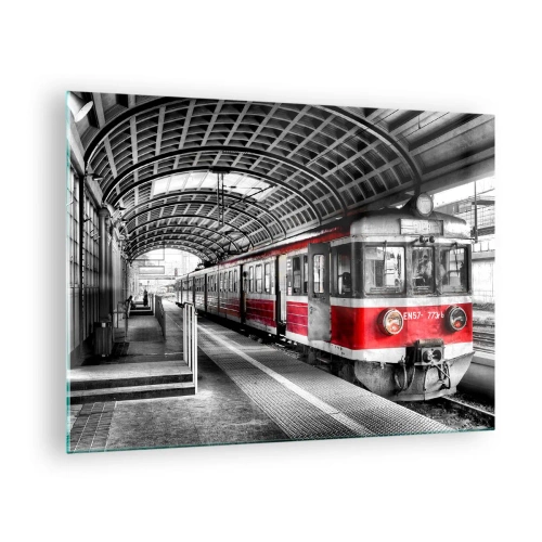 Schilderen op glas - Rode trein op het station onder een dak - 70x50cm - Misschien is het een reis van je leven? - Moderne wanddecoratie voor woonkamer en slaapkamer ARTTOR