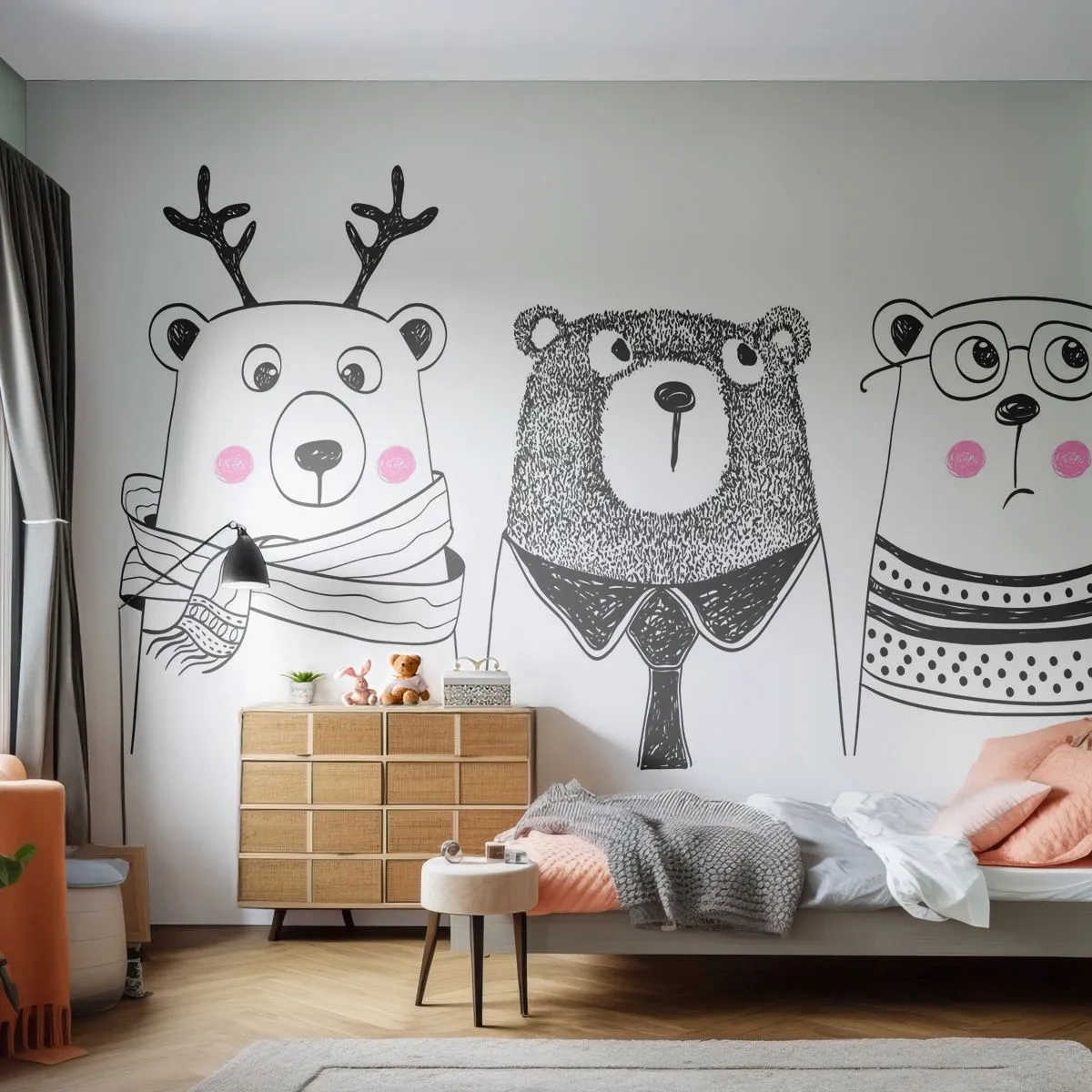 Fotobehang Premium Canvas - Beer, beertje en taddybeer - Voor kinderen, Beer, Illustratie - 250x175 cm