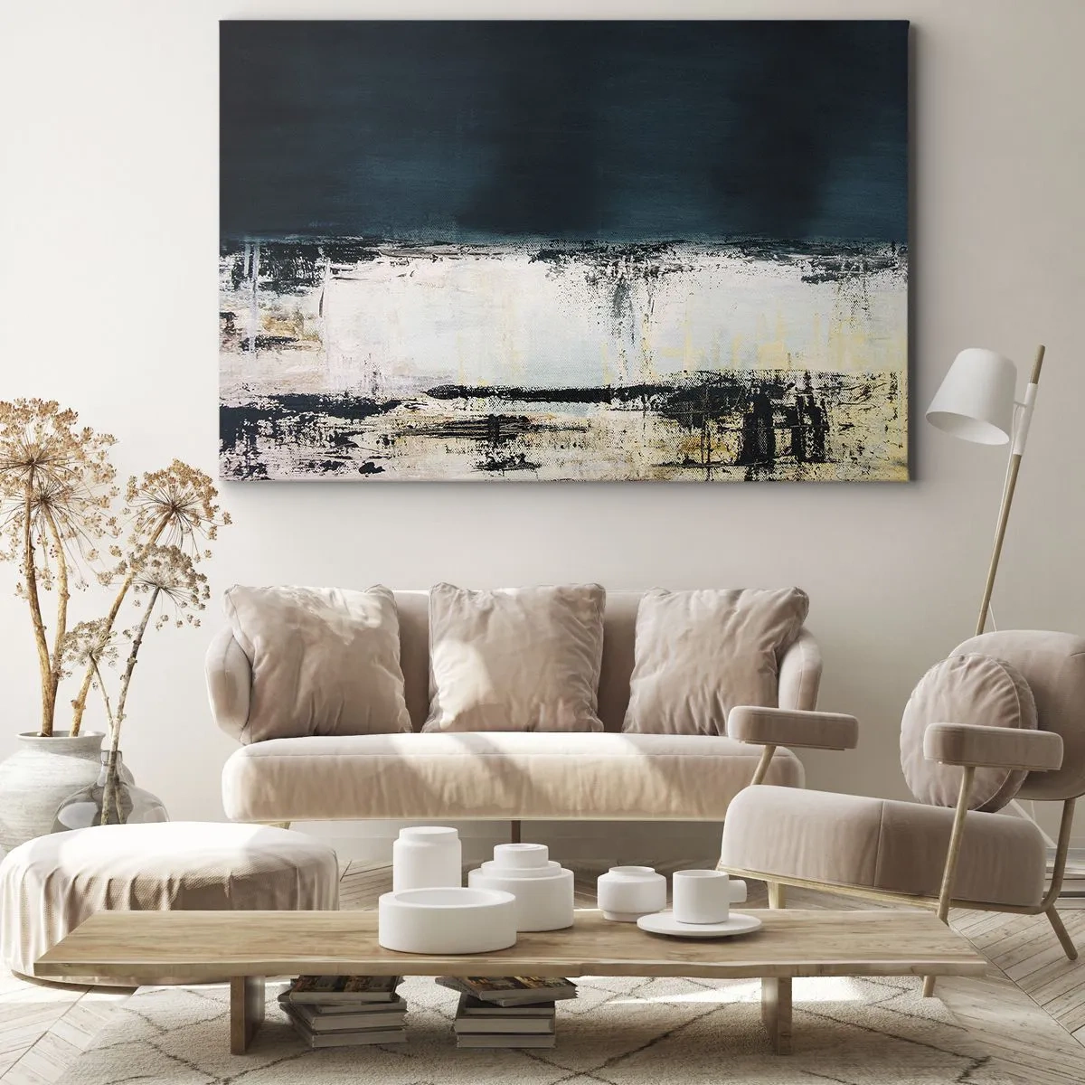 Schilderen op canvas - Abstracte horizontale compositie in tinten marineblauw en wit - 70x50cm - Horizontale compositie - Moderne wanddecoratie voor woonkamer en slaapkamer ARTTOR