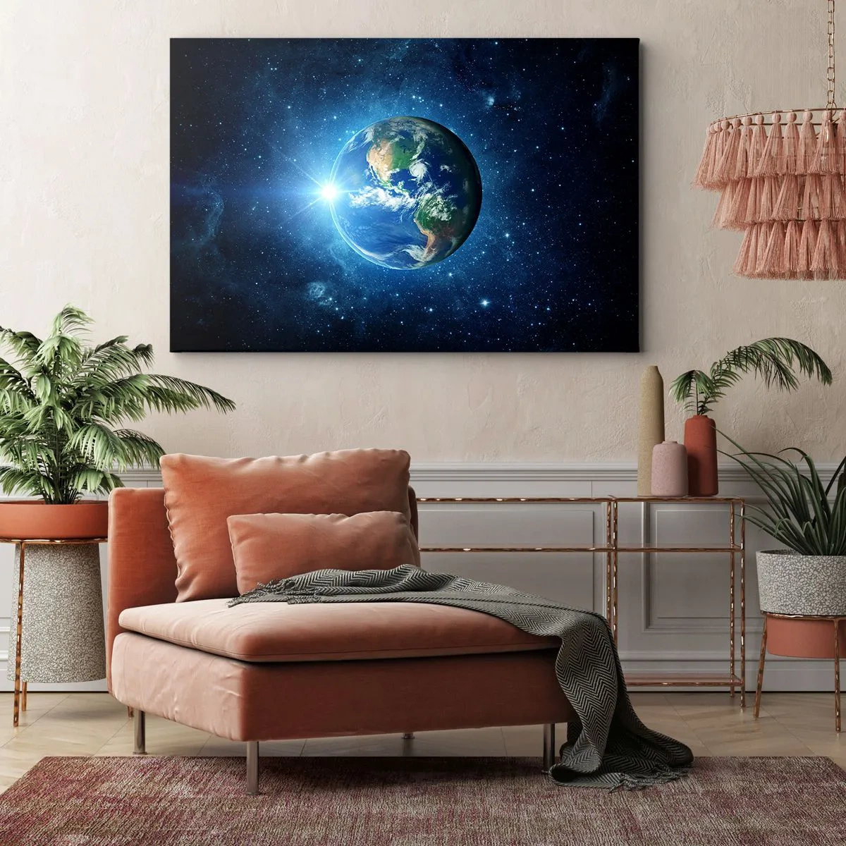 Schilderen op canvas - Aarde in de ruimte omringd door sterren en licht - 70x50cm - We zijn in de hemel - Moderne wanddecoratie voor woonkamer en slaapkamer ARTTOR