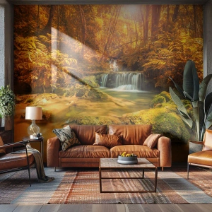Fotobehang op maat Zelfklevend Deluxe Sticker - Boscascade in goud - Landschap, Waterval, Thailand