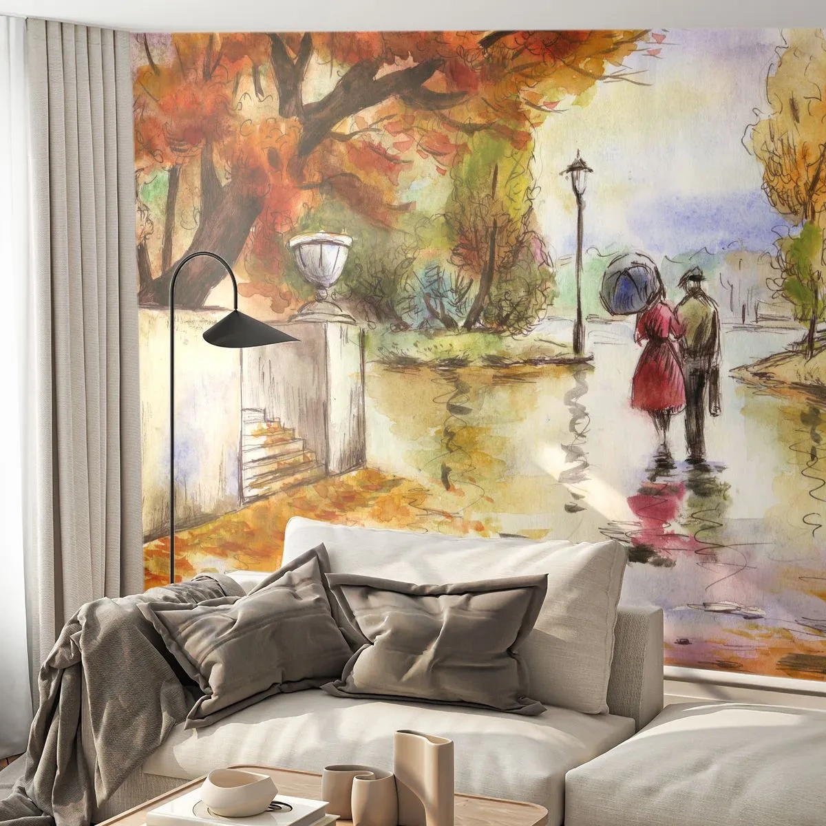 Fotobehang Premium Canvas - Romantische herfst in het park - Stad, Mensen, Verliefd stel - 250x175 cm