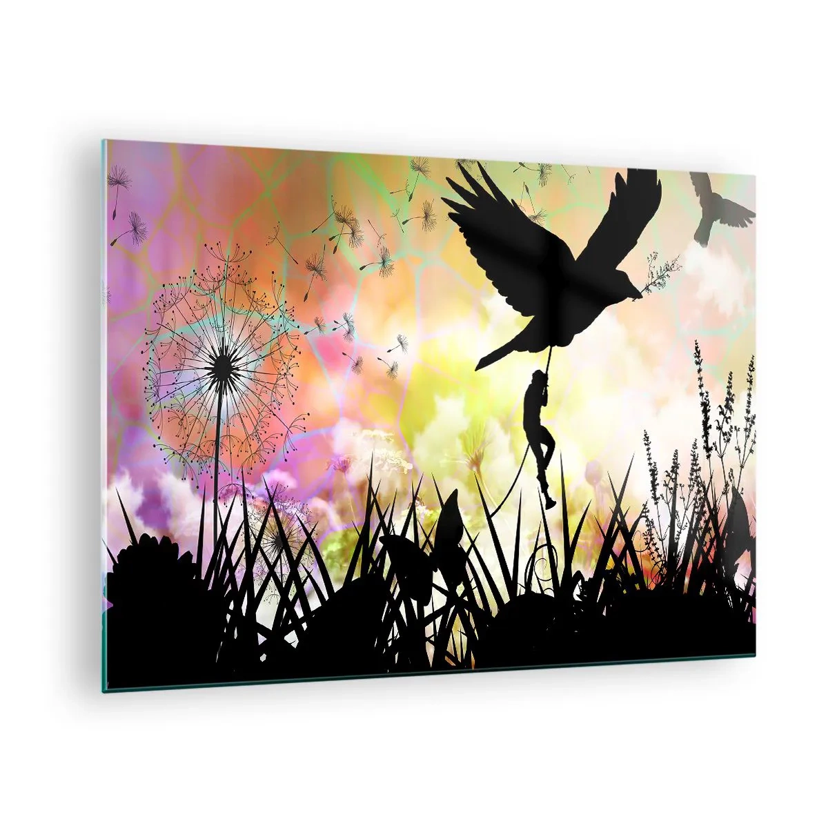 Schilderen op glas - Illustratie van een figuur die in een vogel klimt tegen een achtergrond van kleurrijke bloemen. - 70x50cm - In een sprookjesachtige sfeer - Moderne wanddecoratie voor woonkamer en slaapkamer ARTTOR