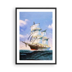 Poster in een zwarte lijst - Een zeilschip tegen de zee, volle zeilen - 50x70cm - Trots met de wind - Moderne wanddecoratie voor woonkamer en slaapkamer ARTTOR
