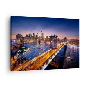 Schilderen op canvas - De brug en het stadspanorama bij zonsondergang - 70x50cm - Een stralende brug naar het hart van de stad - Moderne wanddecoratie voor woonkamer en slaapkamer ARTTOR