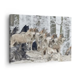 Schilderen op canvas - Een roedel wolven in het winterbos - 70x50cm - Familie en vrienden - Moderne wanddecoratie voor woonkamer en slaapkamer ARTTOR