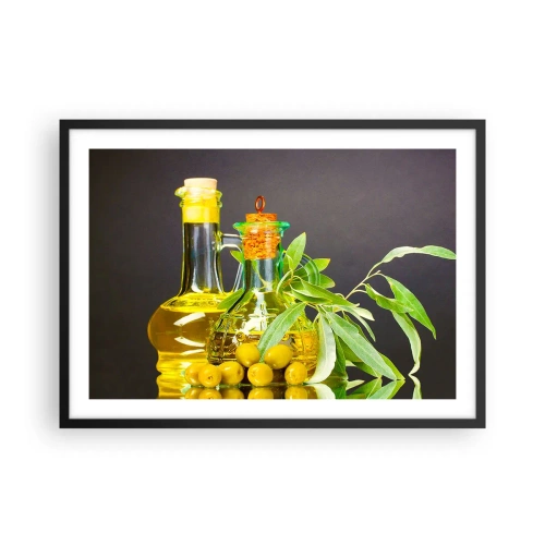 Poster in een zwarte lijst - Stilleven met olijven en olijfolie - 70x50 cm