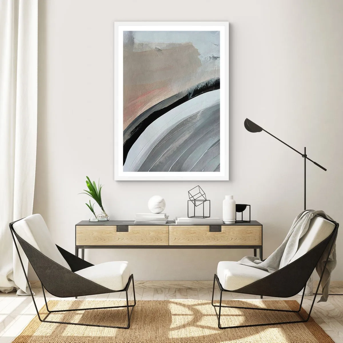 Poster in een witte lijst - Compositie: boog van zwart en grijs - 70x100 cm