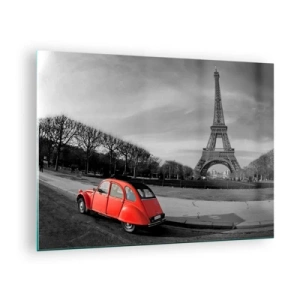 Schilderen op glas - Een rode auto met de Eiffeltoren op de achtergrond in een zwart-witte setting - 70x50cm - Meer Parijs dan Parijs zelf - Moderne wanddecoratie voor woonkamer en slaapkamer ARTTOR